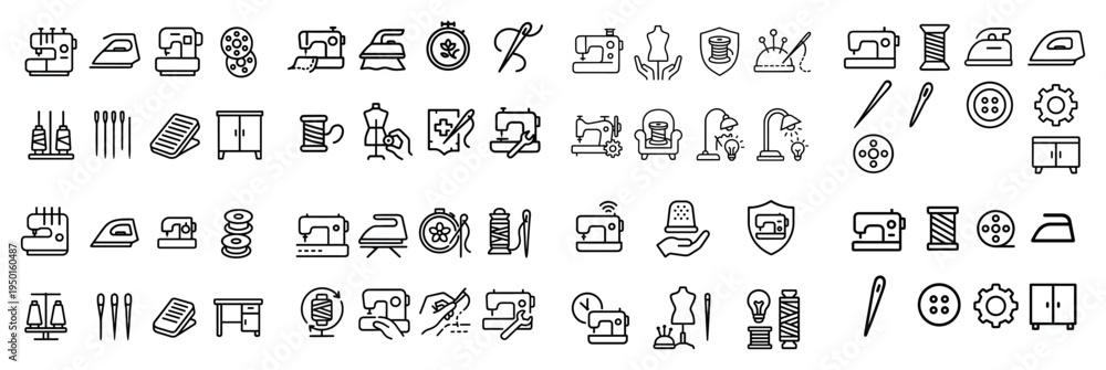 Fototapeta premium Craft icons with sewing machine scissors spool outline