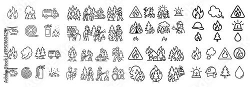 Wildfire icons with fire truck firefighter outline