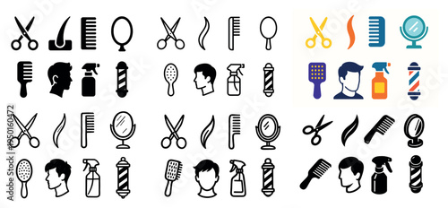 Barber tools icons with scissors comb outline