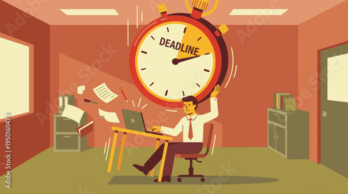 Businessman crushed by giant deadline stopwatch. Time pressure and office stress concept. Flat design graphic