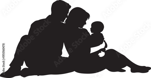 Silhouette of a young family with a baby sitting together, concept of parenthood, love, and domestic bonding on a white background.
