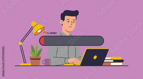 Tired man at desk with low energy bar. Burnout and exhaustion concept. Flat design vector illustration. Professional stress and overwork