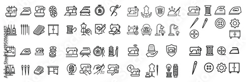 Craft icons with sewing machine scissors spool outline