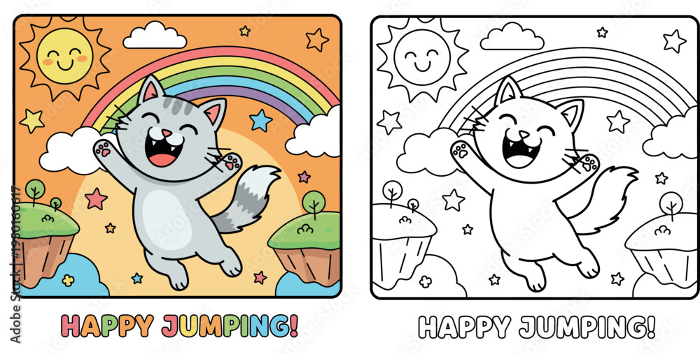 Fototapeta premium Happy Cartoon Cat Jumping with Rainbow