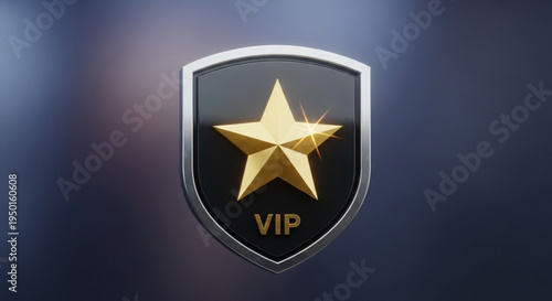 Golden vip star emblem on shield with silver border and dark background