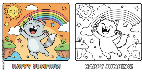 Happy Cartoon Cat Jumping with Rainbow