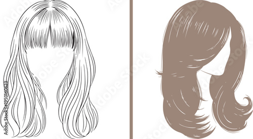 Elegant vector line art showcasing two long hairstyles: one with blunt bangs and soft waves, and another featuring a voluminous side-swept fringe. Perfect for salon branding and beauty illustrations.