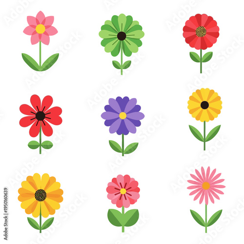 Set of nine colorful flat design flowers with green leaves and stems on white background