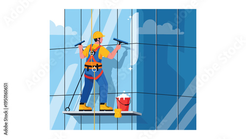 Window Washer at Work: A skilled window washer meticulously cleans the exterior of a high-rise building, demonstrating precision and expertise in his profession.