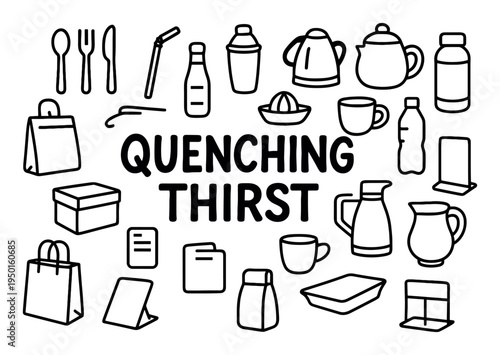 Beverage icons with bottle cup kettle outline