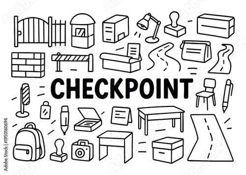 Checkpoint icons with gate barrier road doodle