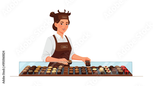 The Art of Chocolatier: A skilled chocolatier delicately crafts and presents an array of exquisite handmade chocolates, each piece a testament to their dedication to the craft.