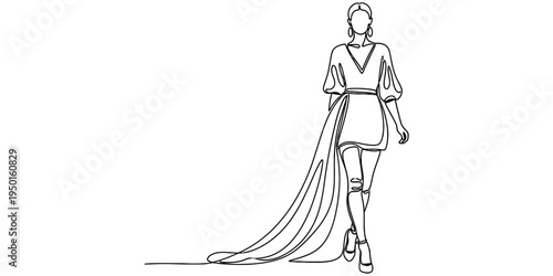 Continuous one line drawing of a beautiful fashion model walking in a stylish dress, elegant woman silhouette for beauty and glamour concept.
