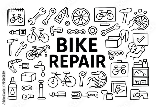 Bike repair icons with bicycle wrench wheel outline