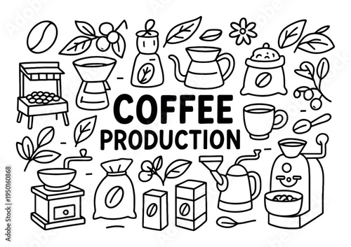 Coffee icons with grinder kettle bag outline