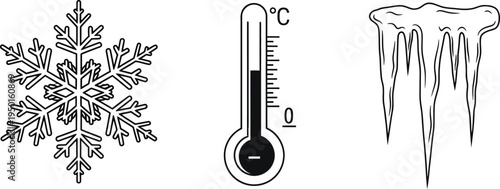 Minimalist vector set of winter weather symbols depicting a snowflake a thermometer below zero and icicles ideal for seasonal graphics and forecast apps