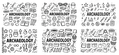 Archaeology icons with trowel pot and brush outline