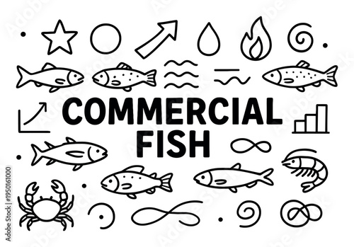Commercial fish icons with fish crab and shrimp outline