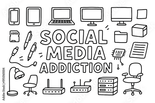 Social media icons with phone tablet laptop outline