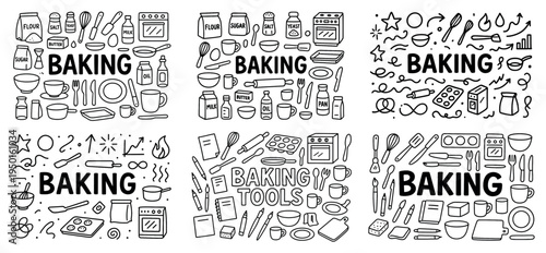 Baking icons with rolling pin whisk oven outline
