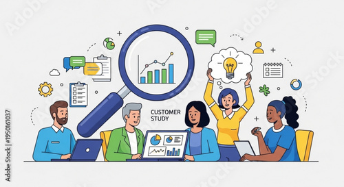 Diverse team analyzing customer study data with magnifying glass and laptops brainstorming ideas