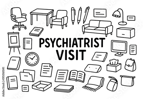 Psychiatry icons with couch chair books handdrawn