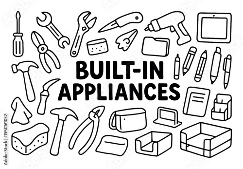 Home icons with hammer pliers drill outline