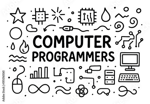 Technology icons with computer mouse and chip doodle