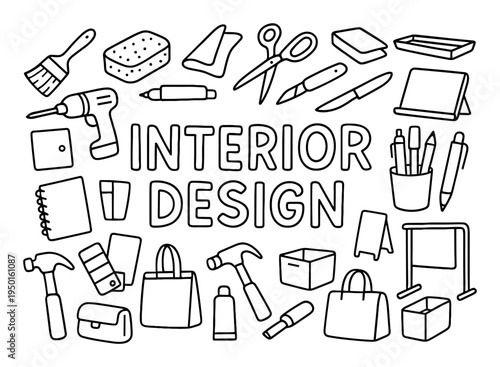 Interior design icons with brush sponge scissors outline
