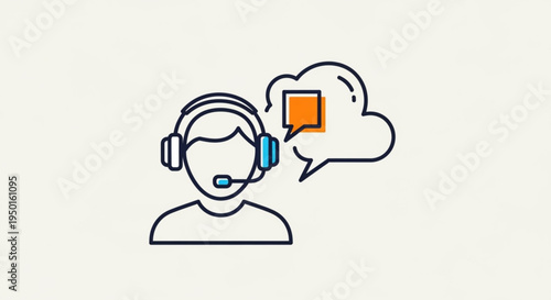 Customer support agent wearing headset with speech bubble and chat icon for online help and communication