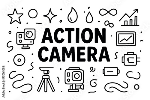 Photography icons with action camera tripod doodle