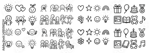 Family icons with smiling faces cake gift outline