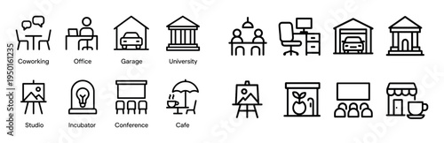 Workspace icons with desk chair building outline