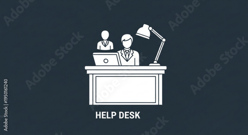 Two business people working at help desk with laptop and lamp on dark background