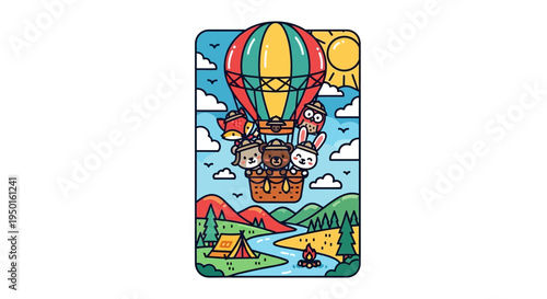 Adventure in the Sky: A whimsical illustration depicts a vibrant hot air balloon soaring above a picturesque landscape, carrying a group of friendly animal companions on an exciting journey.