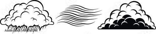 Set of black and white weather forecast graphic elements featuring rain cloud wind and dark cloud symbols for meteorology and app design