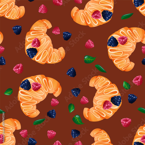 Croissants with wild berries and green leaves in an endless, seamless digital illustration with a bakery theme. Juicy berries and green leaves in a soft, dark palette. Perfect for fabric, wallpaper