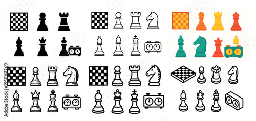 Chess icons with board and clock outline