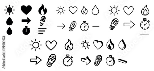 Fitness icons with heart flame drop outline