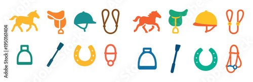 Equestrian icons with horse saddle helmet colorful