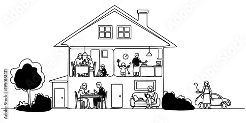 Continuous one line drawing of a large house with family members in different rooms, domestic life and real estate concept.