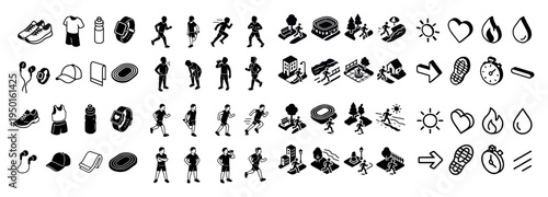 Fitness activity icons with runner shoe stopwatch minimal