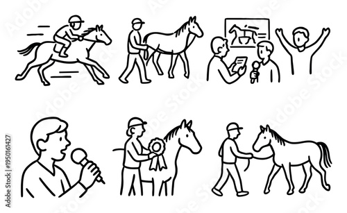 Equestrian icons with horse jockey ribbon outline