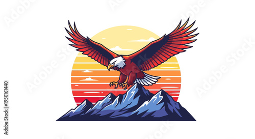 Majestic Eagle Soaring Over Mountain: A powerful eagle with outstretched wings soars gracefully above a rugged mountain range, against a backdrop of a vibrant sunset, embodying freedom and strength.