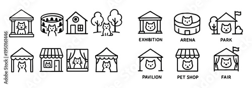 Pet venue icons with cat house tent outline