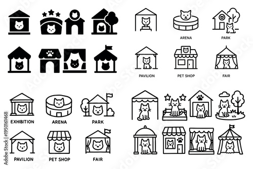 Pet icons with cat pavilion shop outline