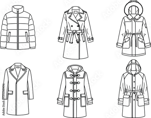 Collection of various womens coats and jackets in a detailed flat sketch line art style perfect for fashion design technical drawings or apparel templates