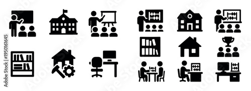 Education icons with teacher students school outline
