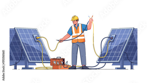 Renewable Energy Assembly: A dedicated technician meticulously connects solar panels, embodying the promise of clean energy and sustainable practices.