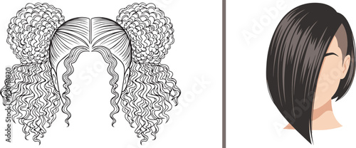 Modern vector art featuring a detailed line-art curly space bun updo and a sleek, asymmetrical bob with a side shave. Ideal for beauty branding, hair salon logos, and fashion illustrations.